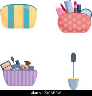 Schönheitskästen-Symbole setzen Cartoon-Vektor. Weibliches Kosmetikprodukt im Make-up-Beutel. Schönheitskonzept Stock Vektor