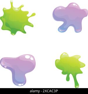 Cartoon Schleim Symbole setzen Cartoon Vektor. Farbenfroher tropfender Schleimfleck. Gelee Fleck Stock Vektor