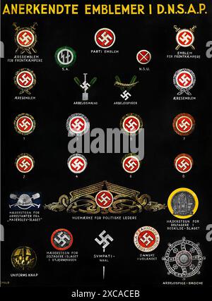 Ein Vintage-Poster aus dem 2. Weltkrieg mit den Emblemen und Abzeichen der nazi-Partei. Es zeigt die Hakenkreuzabzeichen sowie die Abzeichen und Abzeichen der verschiedenen Ränge. Stockfoto