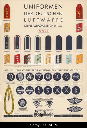 Ein Vintage-Plakat aus dem 2. Weltkrieg mit den Uniformen der Luftwaffe. Es enthält Details zu den Insignien und Abzeichen der verschiedenen Ränge, einschließlich der Schulterklappen, Revers und anderen Details. Stockfoto