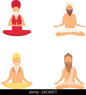 Yogi-Symbole setzen Cartoon-Vektor. Meditierender Mann in Yoga-Lotusposition. Kultur und Tradition Stock Vektor