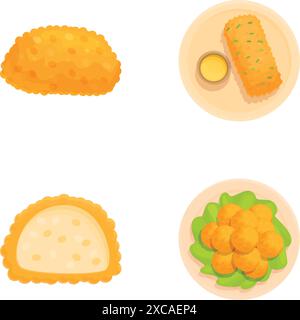 Sammlung von vier Vektor-Illustrationen, die verschiedene frittierte Speisen in einem minimalistischen Stil zeigen Stock Vektor