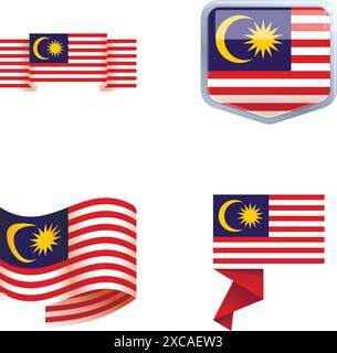 Sammlung malaysischer Flaggendesigns, einschließlich Knöpfen und schwenkenden Flaggen Stock Vektor