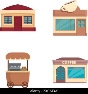 Set aus vier Cartoonstil Coffee Shop Gebäuden und Wagen, isoliert auf weißem Hintergrund Stock Vektor