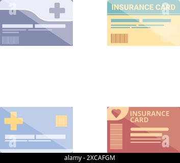 Sammlung von vier Vektorabbildungen, die verschiedene Stile von Krankenversicherungskarten darstellen Stock Vektor