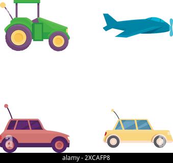 Sammlung von niedlichen, farbenfrohen Cartoon-Fahrzeugen, einem Traktor, einem Flugzeug und zwei Autos Stock Vektor