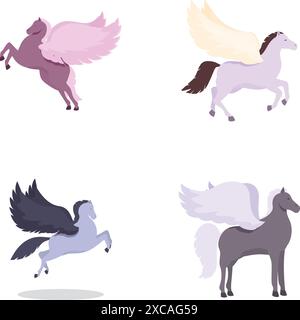 Sammlung von vier pegasus-Illustrationen mit verschiedenen Farben und Flügelstilen Stock Vektor