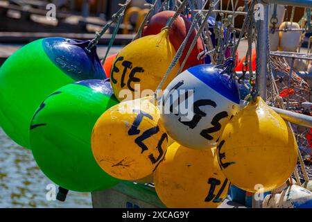 Krabbenfalle schwimmt auf einem kommerziellen Fischereischiff im Steveston Harbour British Columbia Kanada Stockfoto