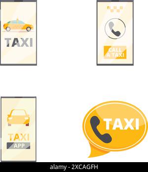 Sammlung von taxithemenbezogenen Grafiken, ideal für Apps, Anzeigen und Informationsmaterialien Stock Vektor