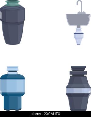 Set aus vier stilisierten Symbolen, die verschiedene Arten von Wasserfiltern darstellen Stock Vektor