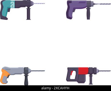 Vektorgrafik-Kollektion mit vier verschiedenen Elektrobohrern, die verschiedene Stile und Farben zeigen Stock Vektor