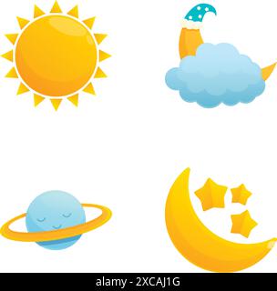 Farbenfrohe Sammlung von Wetter- und Weltraumsymbolen im Cartoonstil, darunter Sonne, Wolke, Planet und Mond Stock Vektor