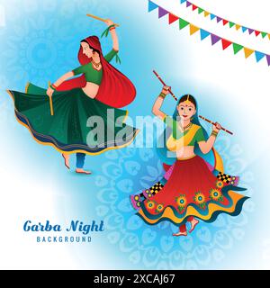 Illustration des Spielens von Garba und Dandiya im Navratri-Feiertagskarten-Hintergrund Stock Vektor