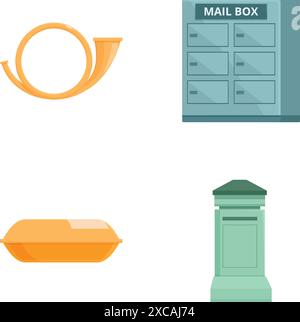Sammlung von vier flachen Postsymbolen, darunter ein Hupe, eine Mailbox, ein Paket und ein Postfach mit Sockel Stock Vektor