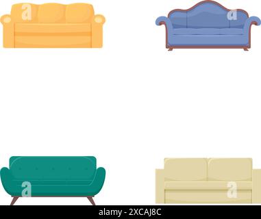 Sammlung von vier flachen Sofa-Symbolen in verschiedenen Stilen und Farben auf weißem Hintergrund Stock Vektor