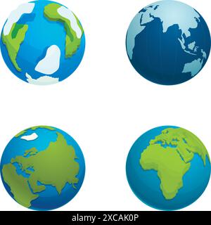 Sammlung von vier stilisierten Vektorillustrationen der Erde, die verschiedene Kontinente zeigen Stock Vektor