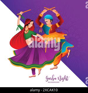 Feier Garba Nacht Paar spielen Garba und Dandiya Feiertagskarte Hintergrund Illustration Stock Vektor