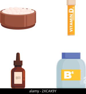 Bunte Illustration, die eine Vielzahl von Vitaminpräparaten und Pillen zeigt Stock Vektor