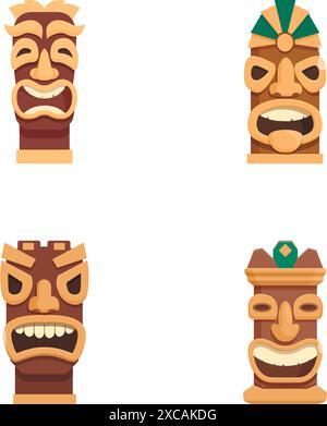 Sammlung von vier stilisierten Vektorsymbolen, die Tribal Tiki Masken mit verschiedenen Ausdrücken darstellen Stock Vektor