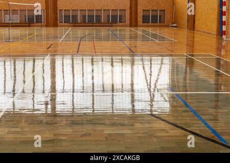 Leeres Fitnessstudio mit poliertem Basketballfeld und gemalten Linien für verschiedene Sportarten. Stockfoto