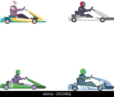 Sammlung von vier gokart-Rennillustrationen mit Fahrern in verschiedenfarbigen Karts Stock Vektor