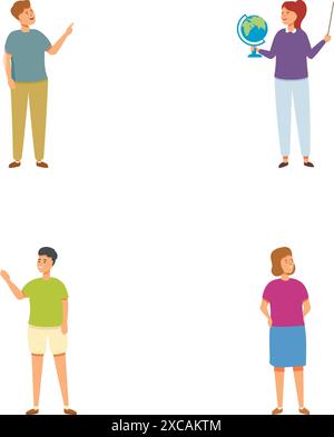 Vier farbenfrohe Zeichentrickfiguren, die an verschiedenen Aktivitäten teilnehmen, illustriert auf weißem Hintergrund Stock Vektor