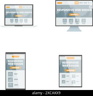Illustrationsset mit responsivem Webdesign auf verschiedenen Geräten, Notebooks, Desktop-PCs, Tablets und Smartphones Stock Vektor