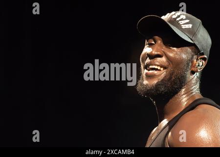 Oslo, Norwegen 15. Juni 2024 Stormzy spielt live auf der Bühne von Sophie während des Picnic in the Park Festival im Sofienberg Park Oslo, Norwegen Credit: Nigel Waldron/Alamy Live News Stockfoto