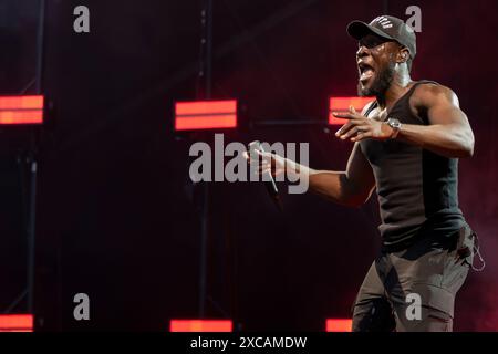 Oslo, Norwegen 15. Juni 2024 Stormzy spielt live auf der Bühne von Sophie während des Picnic in the Park Festival im Sofienberg Park Oslo, Norwegen Credit: Nigel Waldron/Alamy Live News Stockfoto