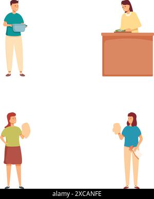 Sammlung farbenfroher Illustrationen, die Einzelpersonen zeigen, die sich mit dem Kochen und der Zubereitung von Speisen befassen Stock Vektor