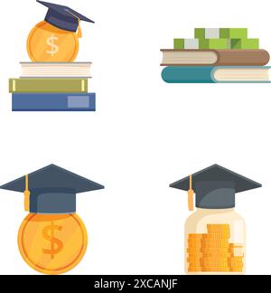 Vier flache Symbole, die Investitionen in Bildung symbolisieren, darunter Bücher mit Geld und Abschlusskappen Stock Vektor