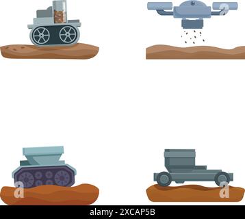 Sammlung von vier Ikonen für Landmaschinen im Cartoonstil, isoliert auf weißem Hintergrund Stock Vektor