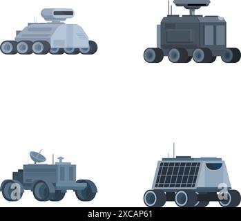 Vier Symbole, die verschiedene Designs autonomer Militärfahrzeuge in flachem Stil darstellen Stock Vektor