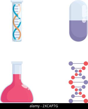 Set aus vier farbenfrohen Vektorsymbolen, die eine dna-Helix, Kapselpille, erlenmeyerkolben und Molekularstruktur darstellen Stock Vektor