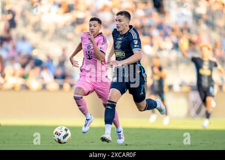 Chester, Pennsylvania, USA. Juni 2024. Philadelphia Union Stürmer Mikael Uhre (7) dribbelt den Ball in der ersten Hälfte eines MLS-Spiels gegen Inter Miami CF im Subaru Park in Chester, Pennsylvania. Kyle Rodden/CSM/Alamy Live News Stockfoto