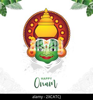 Illustration der Grußkarte für das südindische Festival Onam mit kathakali Gesicht Hintergrund Stock Vektor