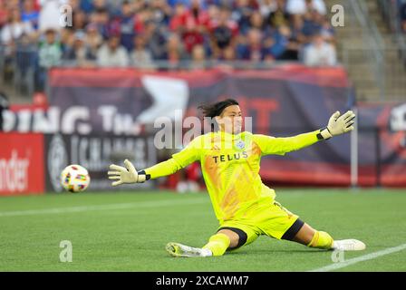 Juni 2024; Foxborough, MA, USA; Vancouver Whitecaps Torhüter Yohei Takaoka (1) konnte während des MLS-Spiels zwischen Vancouver Whitecaps FC und New England Revolution nicht sparen. Anthony Nesmith/CSM Stockfoto