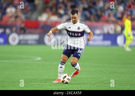 Juni 2024; Foxborough, MA, USA; Vancouver Whitecaps-Verteidiger Luis Martins (14) dribbelt den Ball während des MLS-Spiels zwischen Vancouver Whitecaps FC und New England Revolution. Anthony Nesmith/CSM Stockfoto