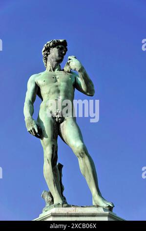 Davidsstatue, Bronzekopie, Piazzale Michelangelo, Florenz, Toskana, Italien, Europa, Nahaufnahme der Statue von David in Florenz, Renaissance Stockfoto