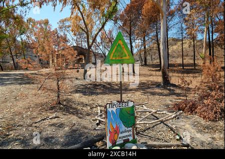 Warnschild in einer verbrannten, einsamen Landschaft mit verbrannten Bäumen, Waldbränden, Sommer 2023, Waldbrandschäden, Straße Lardos-Laerma, Rhodos Stockfoto