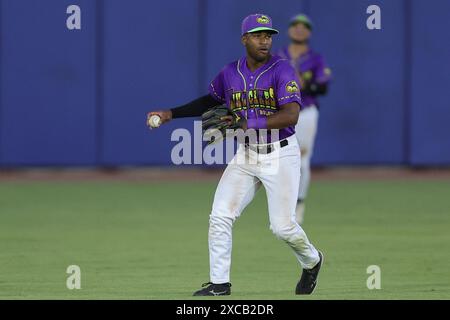 Biloxi, Mississippi, USA. Juni 2024. Biloxi Infield-Spieler Zavier Warren (17) während eines MiLB-Spiels zwischen den Biloxi King Cakes und Tennessee Smokies im Keesler Federal Park in Biloxi, Mississippi. Bobby McDuffie/CSM/Alamy Live News Stockfoto