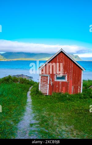 Eine rote Hütte steht auf einem grasbewachsenen Hügel mit Blick auf einen Sandstrand und das blaue Wasser des Norwegischen Meeres. Ein Pfad führt von der Kabine zum Wasser. Ramberg Beach Lofoten Norwegen Stockfoto