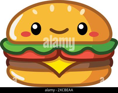 Süßer, lächelnder Burger im Kawaii-Stil Stock Vektor