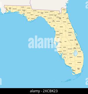 Florida State Countys, politische Karte. Florida, ein Bundesstaat im Südosten der Vereinigten Staaten, unterteilt in 67 Countys. Stockfoto