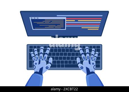 Cyborg sitzt am Computerpult und schreibt Code für Software oder mobile Anwendung Cartoon Vektor Illustration. Entwicklung der Codeautomatisierung, Programmierung mit KI, Draufsicht der Codierroboter-Hände. Stock Vektor