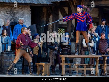 Premiere der Stoertebeker Festspiele 2024 die Schauspieler Alexander Hanfland l. als Goedeke Michels und Viktor Nilsson R. als Diedrich van Teylingen kaempfen in einer Szene der Stoertebeker-Festspiele. Mit der Premiere des Theaterstuecks ÂHamburg 1401Â beginnt die 30. Saison des Open-Air-Theaters rund um die legendaeren Piraten Klaus Stoertebeker und Goedeke Michels auf der Insel Rügen. Die Stoertebeker-Festspiele werden bis zum 31. August 2024 auf der Naturbühne in Ralswiek gezeigt. Ralswiek Mecklenburg-Vorpommern Deutschland *** Premiere des Stoertebeker Festivals 2024 Schauspieler Alexander Stockfoto