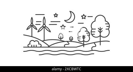 Nächtliche natürliche Landschaft, Windturbinen auf Hügeln, Mond und Sterne im Himmel, Linie Symbol Vektor Illustration Stock Vektor