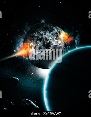 Sonnensystem, Explosion und Planet Flamme im Universum mit Licht in Himmel, Raum und Welt mit Klimawandel. Elemente, Feuer und Asteroiden Stockfoto