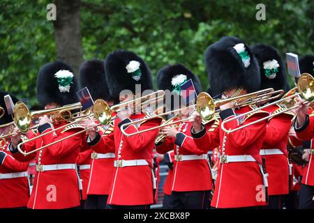 London, Großbritannien, 15. Juni 2024. Truppe der Farbe. Im Juni findet jedes Jahr Trooping the Colour, auch bekannt als „The King's Birthday Parade“, auf der Horse Guards Parade in London statt. Mit seiner Majestät dem König, der den Salut nimmt, ist die Trooping the Colour der Höhepunkt des Zeremonialkalenders mit über 1400 Offizieren und Männern, 200 Pferden und den Marschkapellen der Haushaltsabteilung auf der Parade. Stockfoto