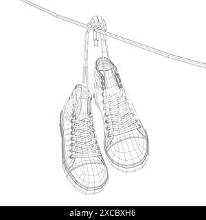 Wireframe Sneakers hängen an einem Seil auf weißem Hintergrund. Vektorabbildung. 3D. Stock Vektor